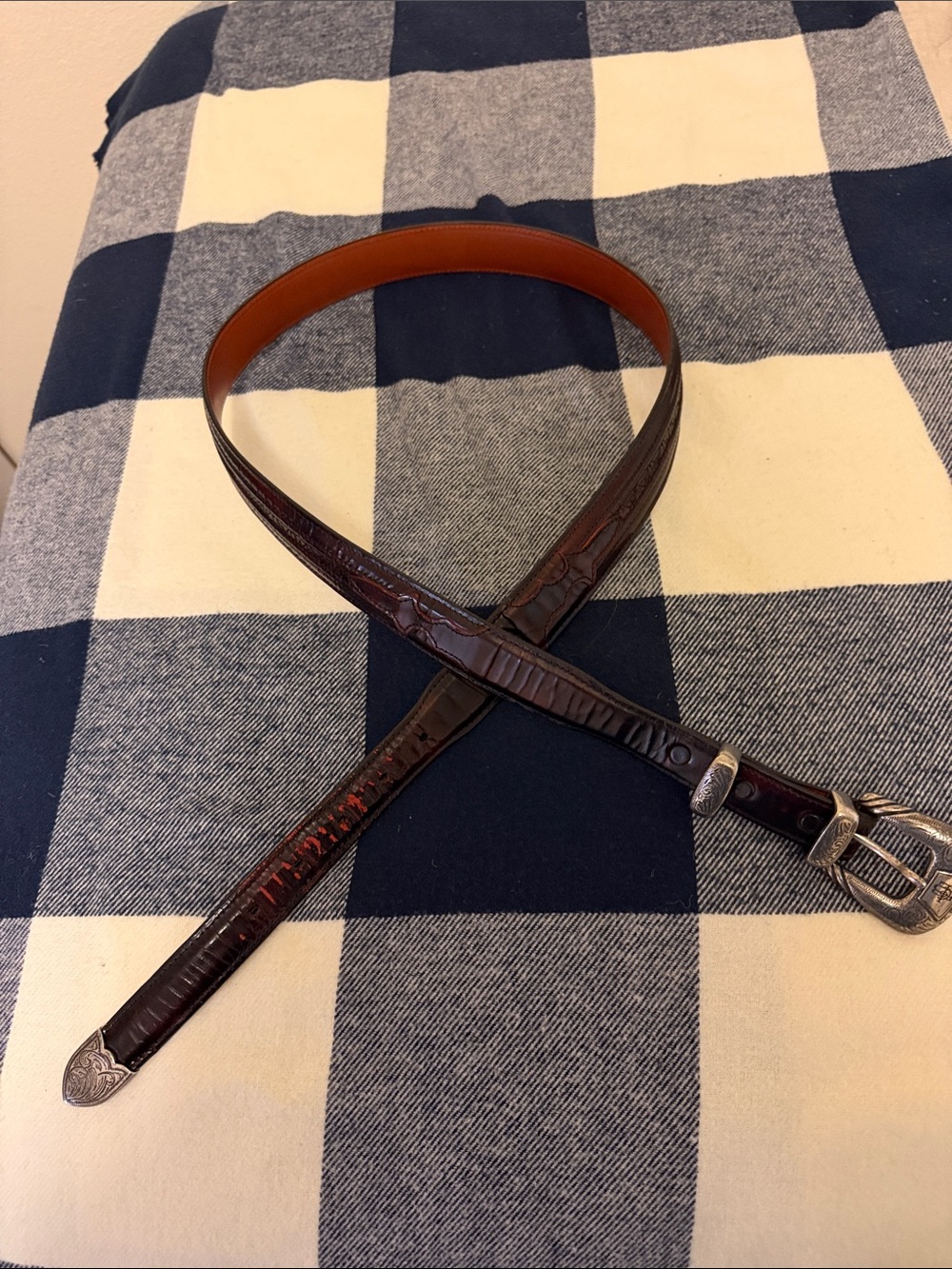 Lucchese Dark Brown Embossed Leather Belt with Silver Buckle